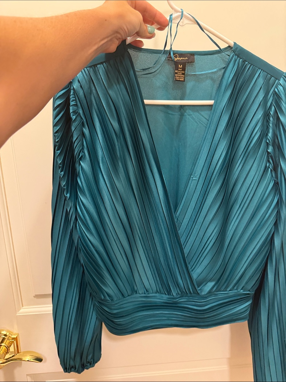 Aqua Teal Pleated Wrap Blouse with Cinched Waist